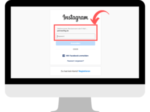 Monitor zeigt Browserfenster mit Anmeldeformular zu Instagram